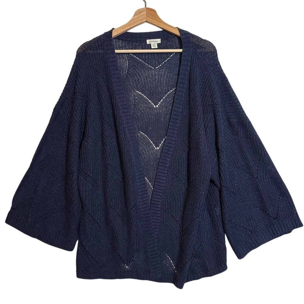 Sundance Blue Linen Pointelle Open Front Knit Cardigan Sweater 3/4 Sleeves XXL